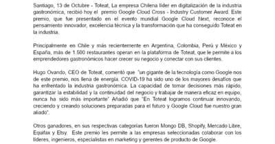🥇 Toteat recibió el premio 'Google Cloud Cross-Industry Customer Award'